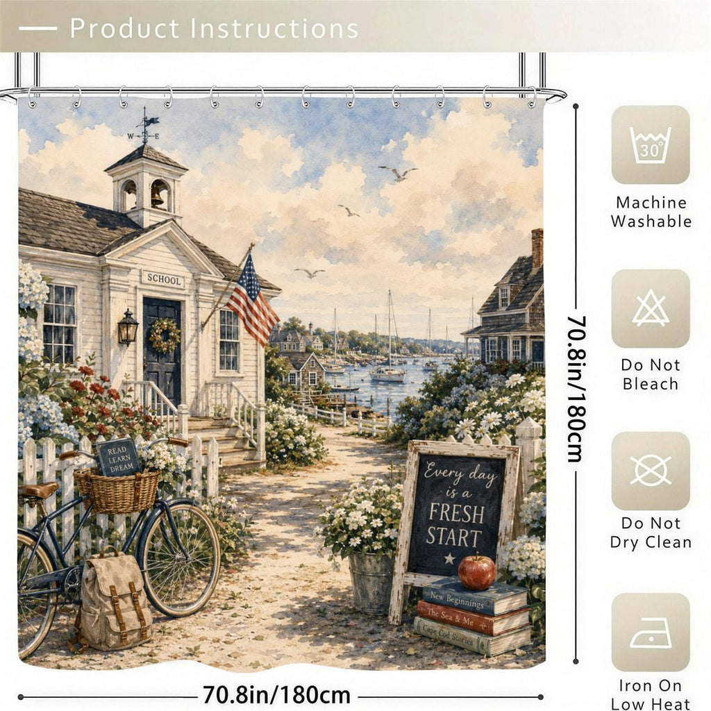 Watercolor style shower curtain featuring a coastal schoolhouse, American flag, and bicycle.