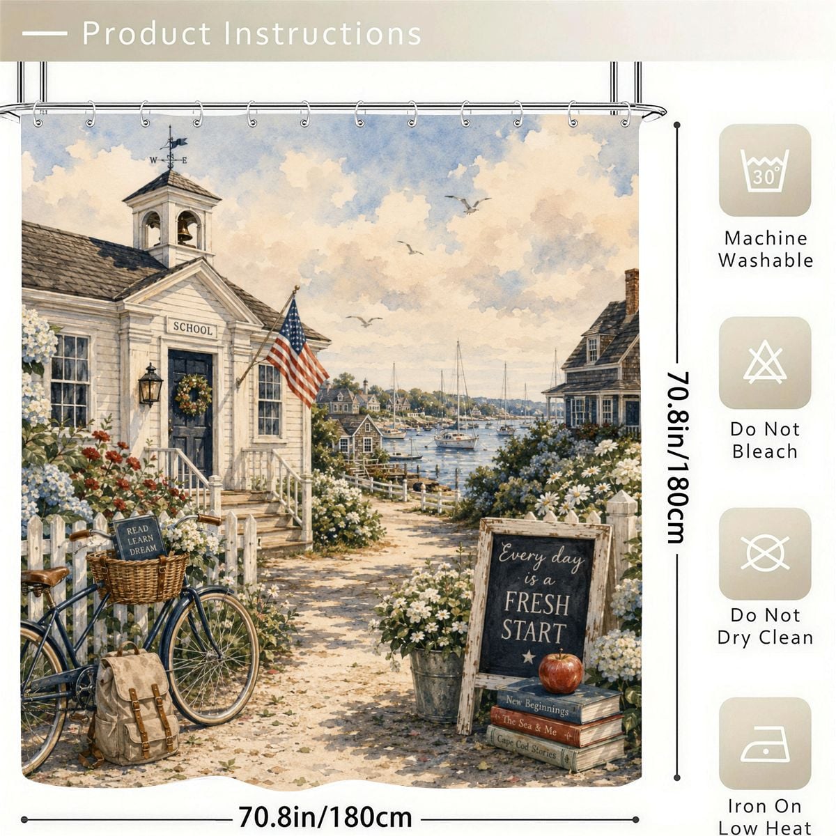 Watercolor style shower curtain featuring a coastal schoolhouse, American flag, and bicycle.