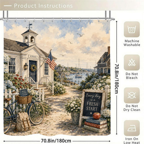 Watercolor style shower curtain featuring a coastal schoolhouse, American flag, and bicycle.