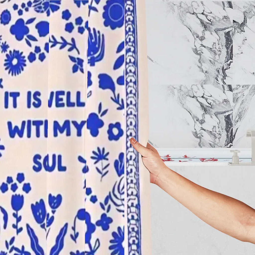 Sandy Beach "It Is Well With My Soul" shower curtain with calming religious design for bathroom decor.