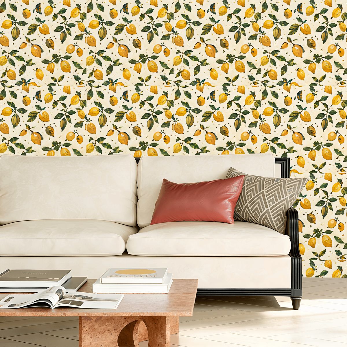 White sofa with red and geometric pillows against lemon pattern wallpaper in a bright living room.