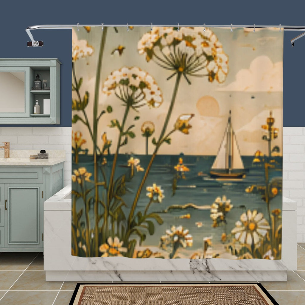 Coastal Wildflower & Sailboat Shower Curtain | Vintage Botanical Beach Bathroom Decor