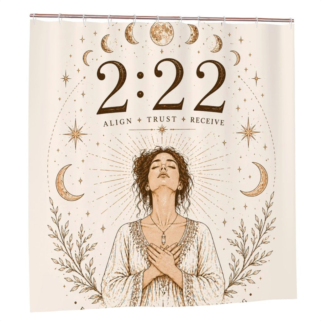 Sandy Beach angel number shower curtain with 222 angel number design, boho-inspired bathroom decor for spiritual alignment and divine timing.