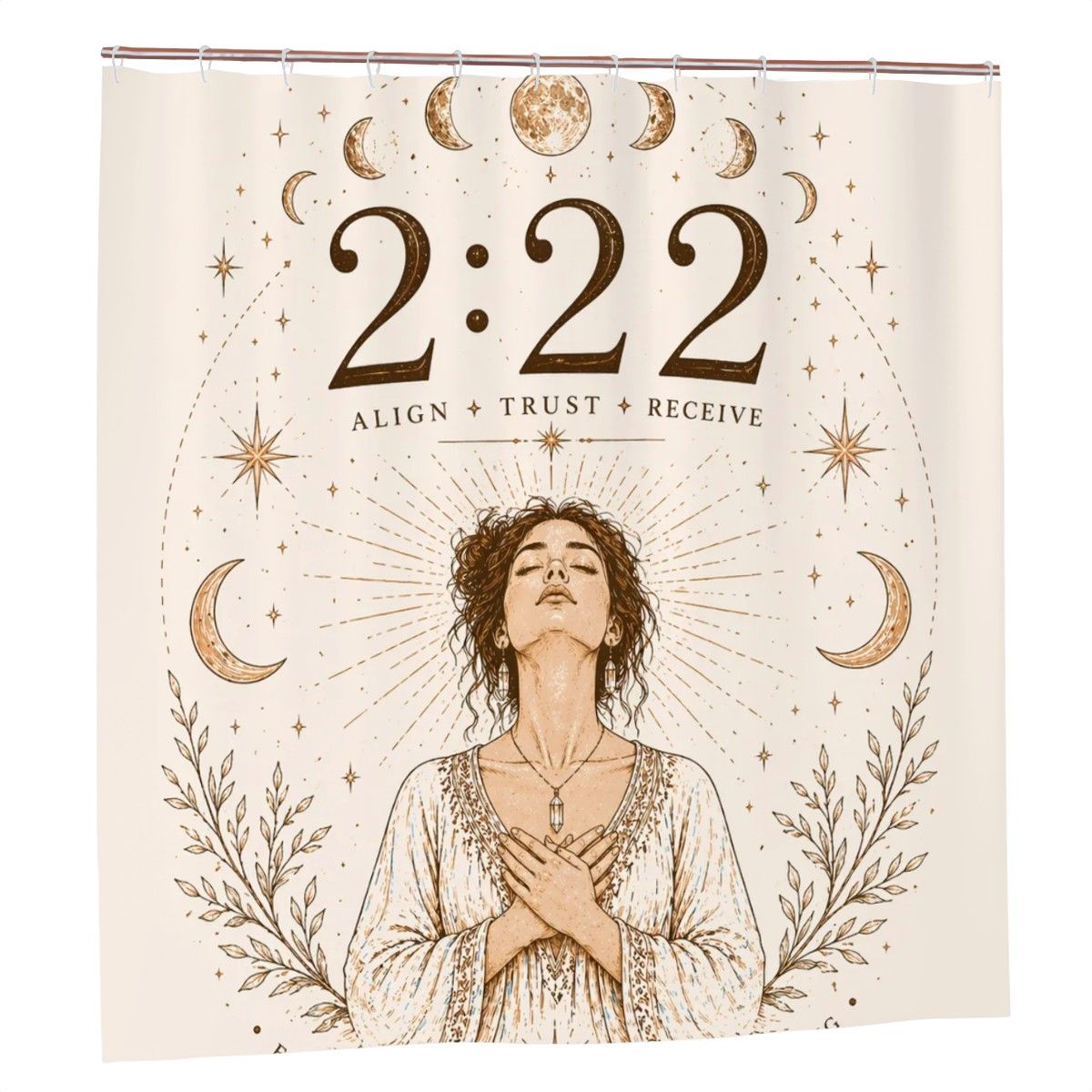 Sandy Beach angel number shower curtain with 222 angel number design, boho-inspired bathroom decor for spiritual alignment and divine timing.