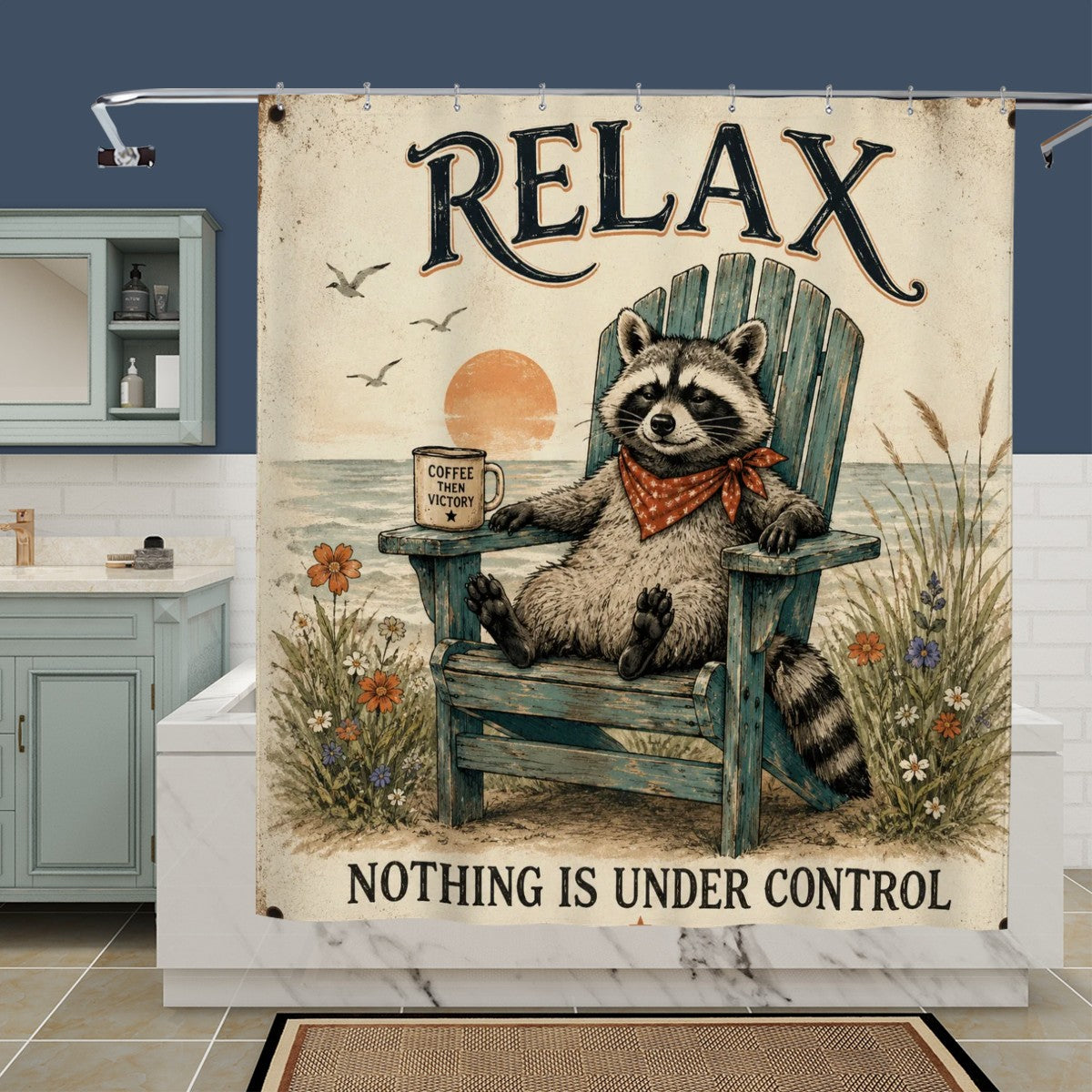 Vintage style shower curtain featuring a raccoon relaxing in an Adirondack chair at sunset.