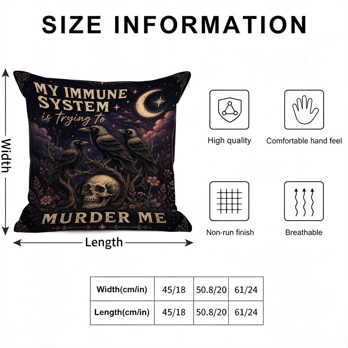 Gothic throw pillow with crows, skull, and moon text reading My Immune System is Trying To Murder Me