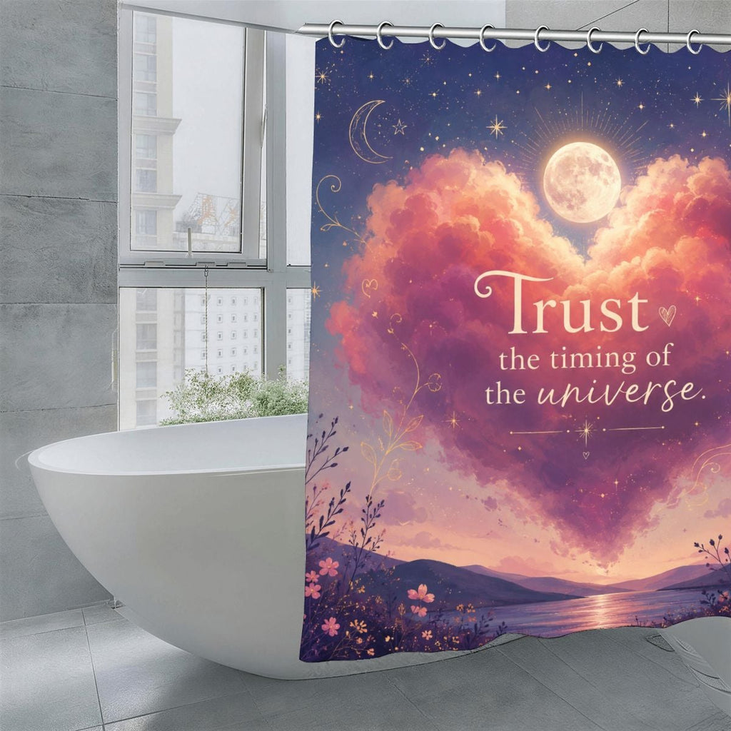 Celestial shower curtain featuring a heart-shaped cloud, moon, and stars with inspirational text.