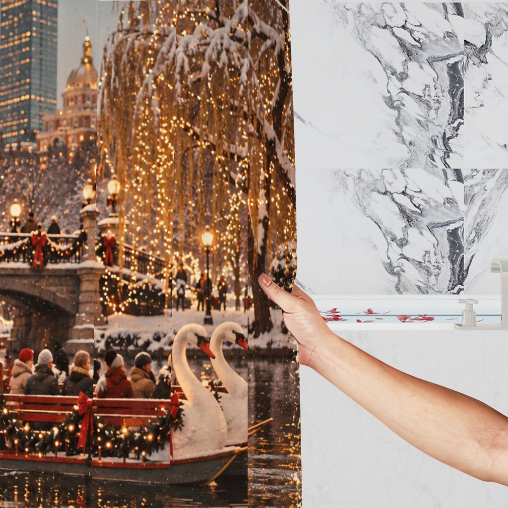 Boston Swan Boats Christmas Shower Curtain | New England Winter Scene