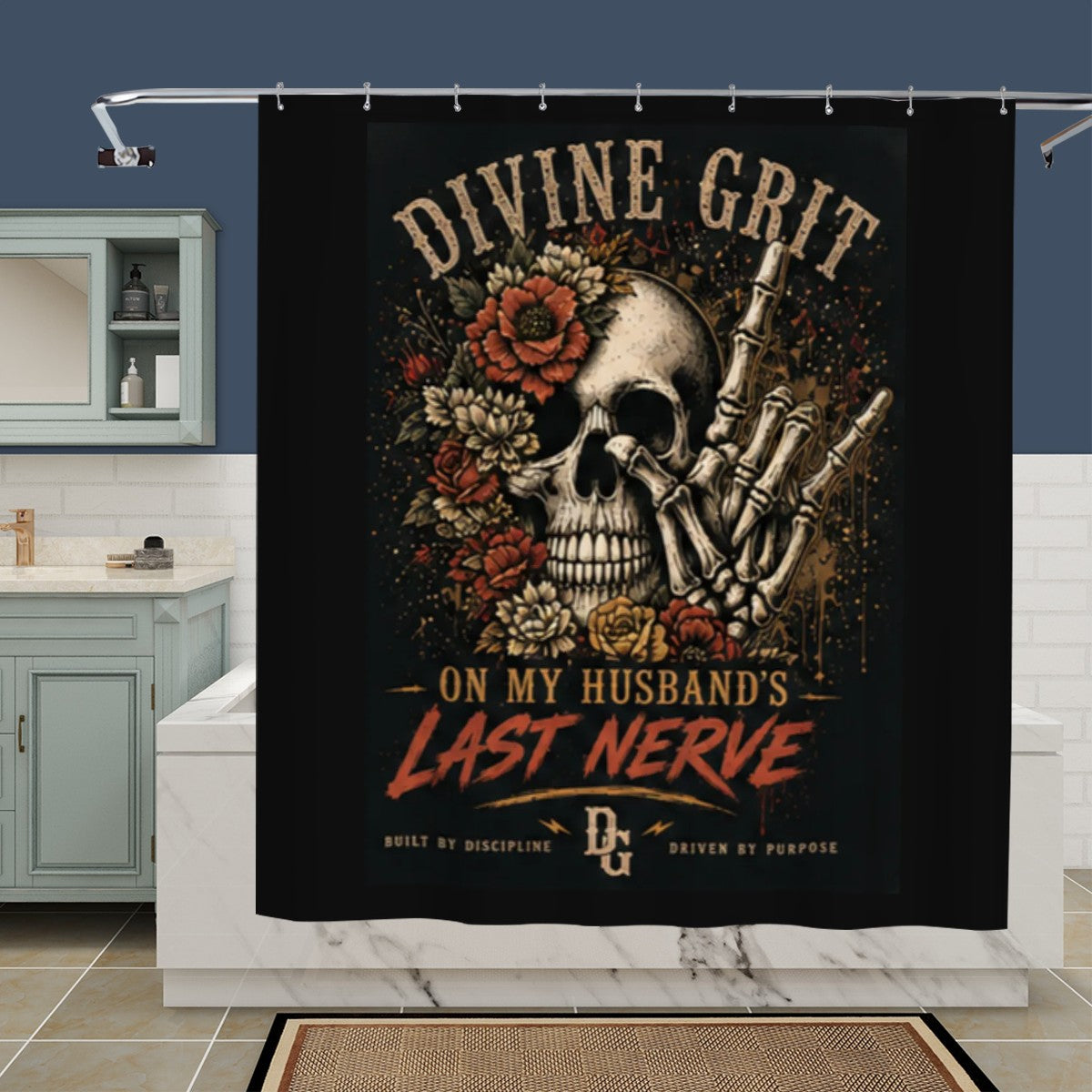 Sandy Beach bathroom decor shower curtain featuring a coastal beach scene with sand, waves, and blue sky for a relaxing bathroom look.