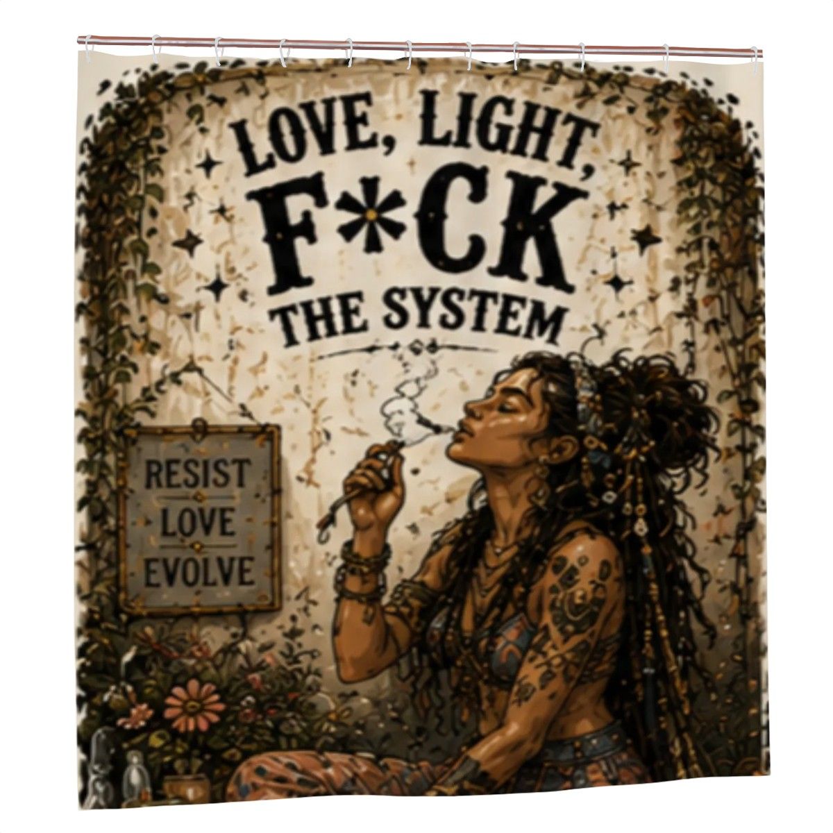 Love, Light, F*ck the System Shower Curtain – Resist Love Evolve Tattooed Woman Boho Bathroom Decor