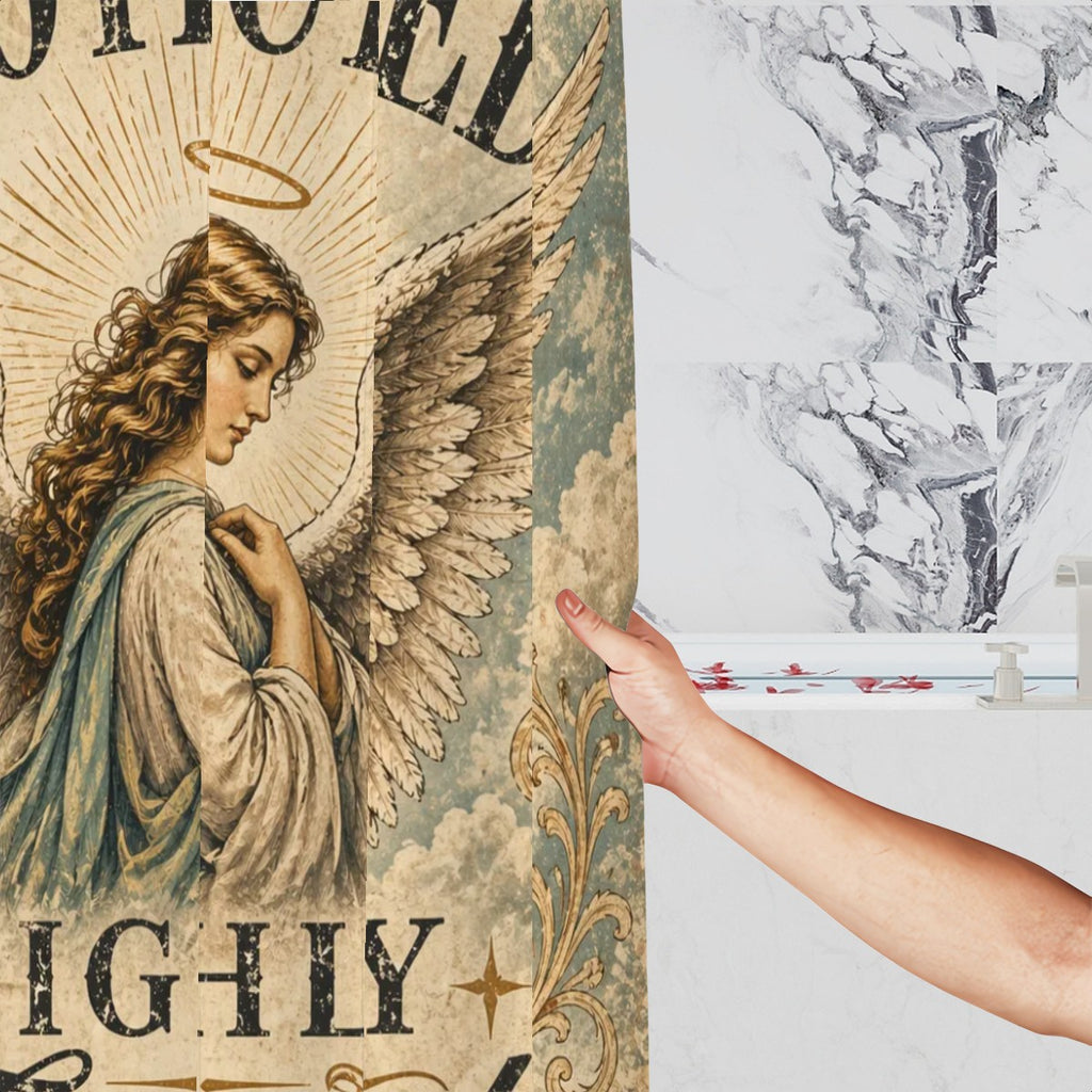Sandy Beach protected and highly favored angel shower curtain with vintage spiritual design for Christian bathroom decor