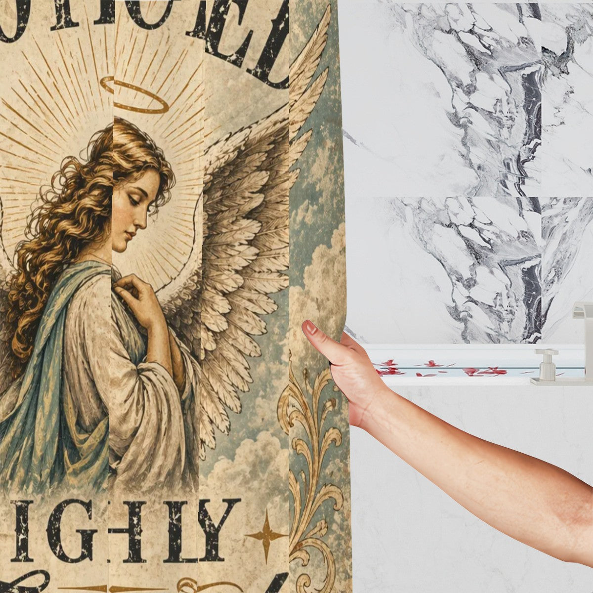 Sandy Beach protected and highly favored angel shower curtain with vintage spiritual design for Christian bathroom decor