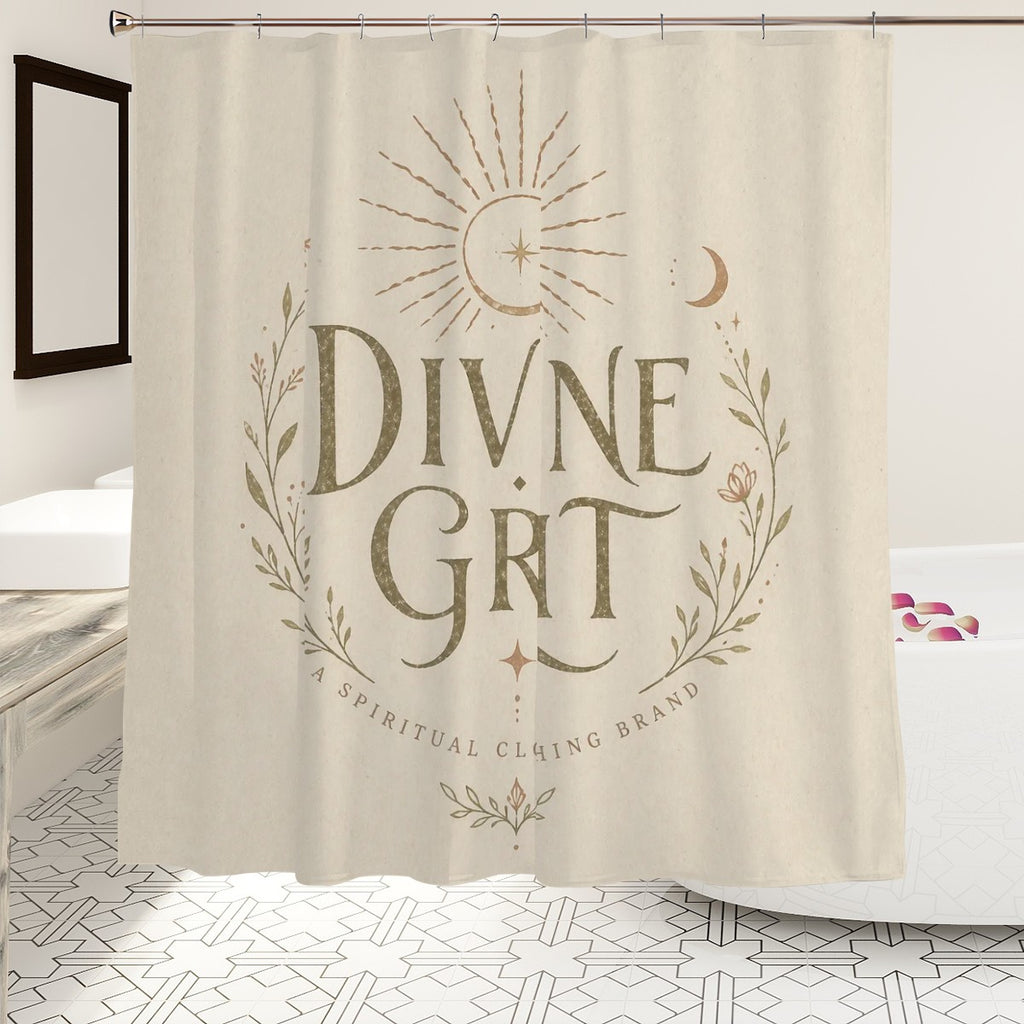 Divine Grit shower curtain by Sandy Beach featuring spiritual strength quote and vintage mystic design for bathroom decor.