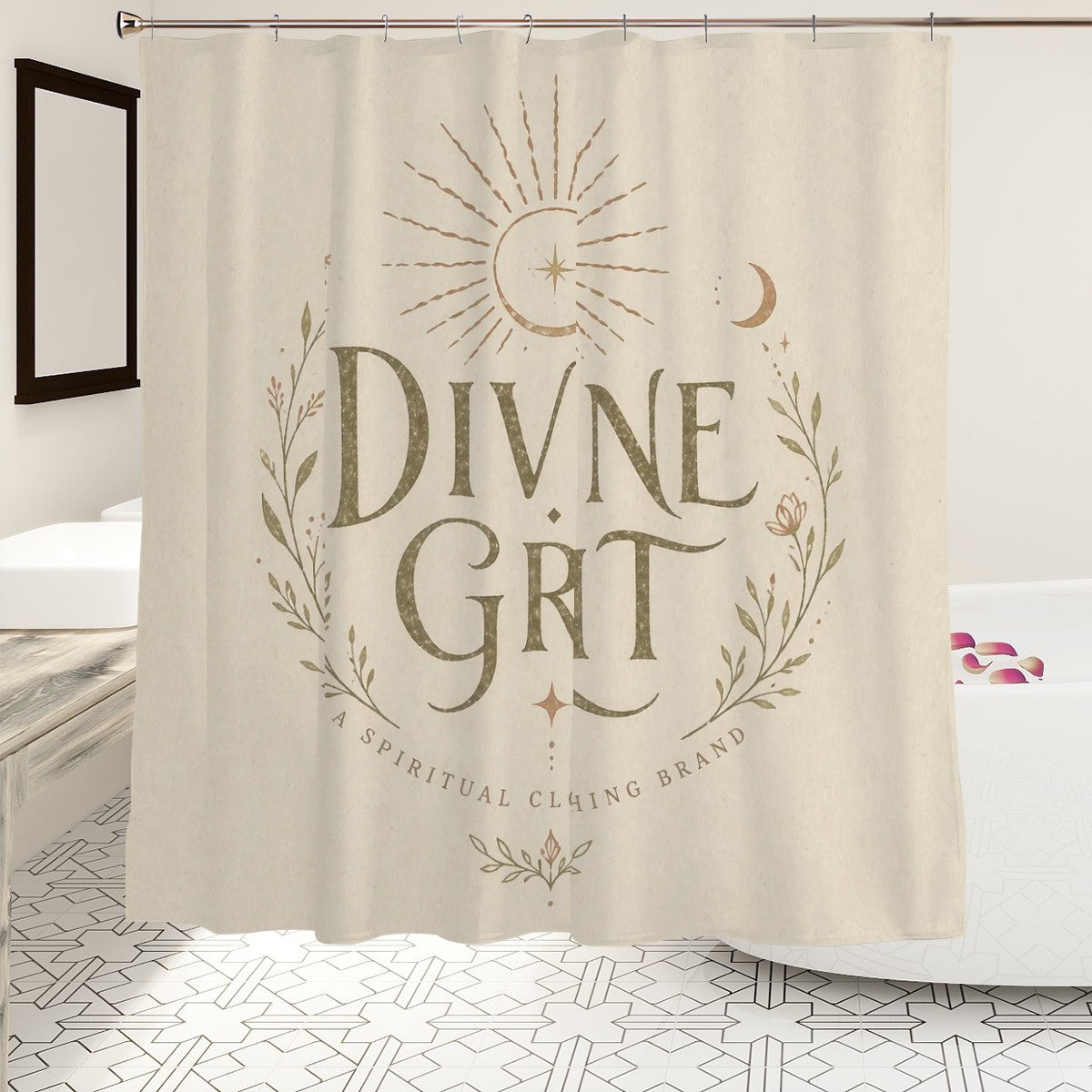 Divine Grit shower curtain by Sandy Beach featuring spiritual strength quote and vintage mystic design for bathroom decor.