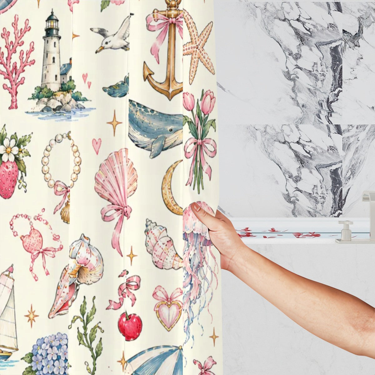 Pastel Seashell Shower Curtain - 72" x 72" Coastal Botanical Illustration