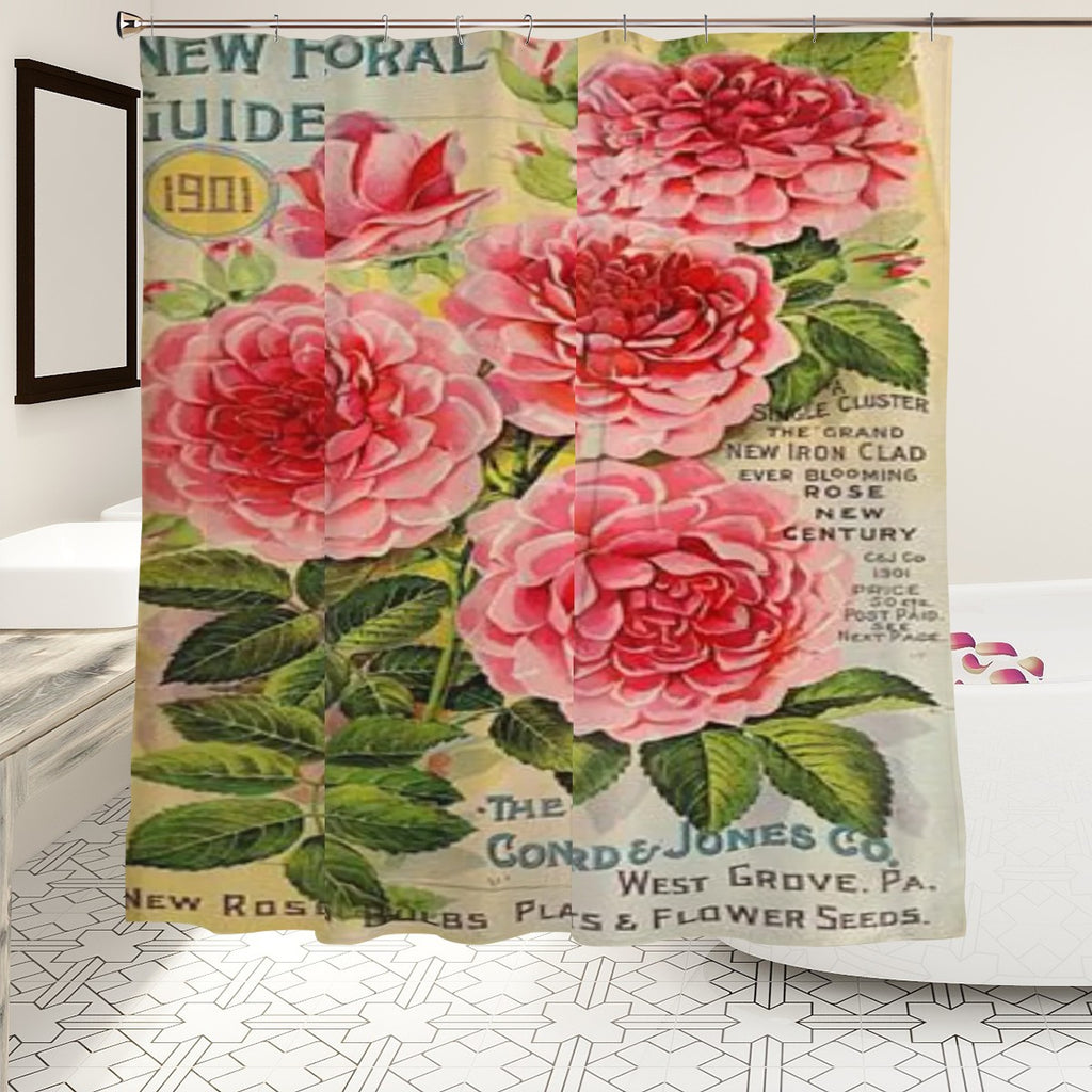 Vintage pink rose botanical shower curtain for bathroom decor, featuring floral design by Sandy Beach