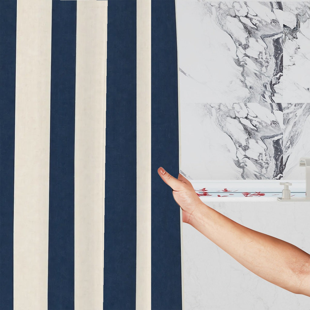Sandy Beach bathroom decor shower curtain with ocean wave design hanging in a modern bathroom.