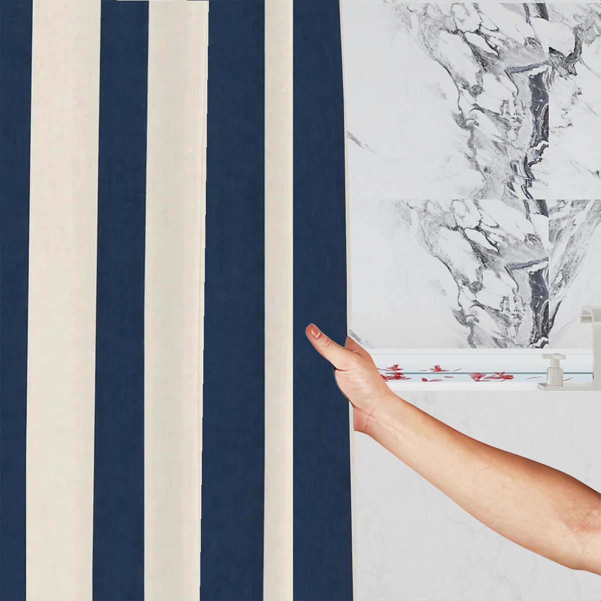 Sandy Beach bathroom decor shower curtain with ocean wave design hanging in a modern bathroom.