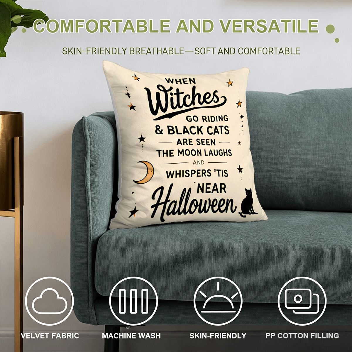 Halloween decorative throw pillow with witch and black cat text on a blue sofa.