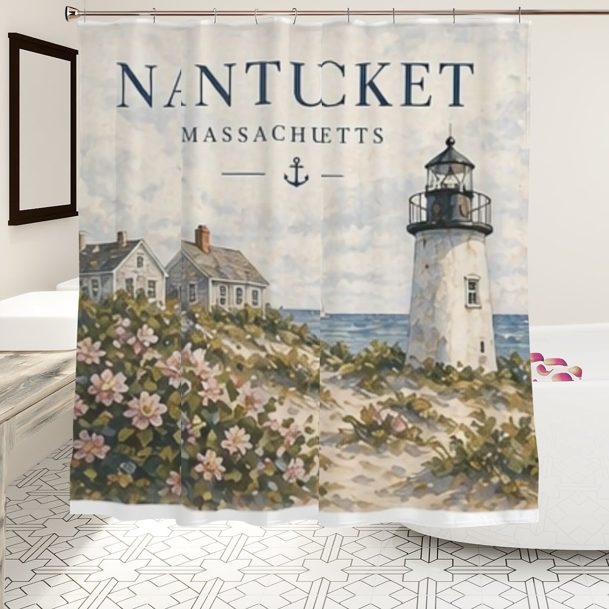 Sandy Beach bathroom decor shower curtain with ocean-inspired blue and white wave pattern, hanging in a modern bathroom.
