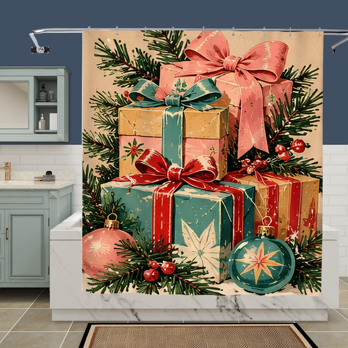 Vintage Christmas Presents Shower Curtain | Pink Bows & Retro Ornaments