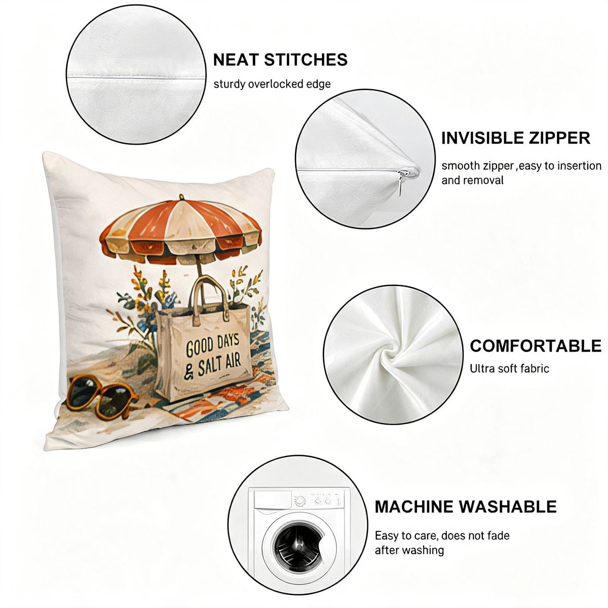 Decorative beach themed throw pillow with umbrella and tote bag print, featuring soft fabric.