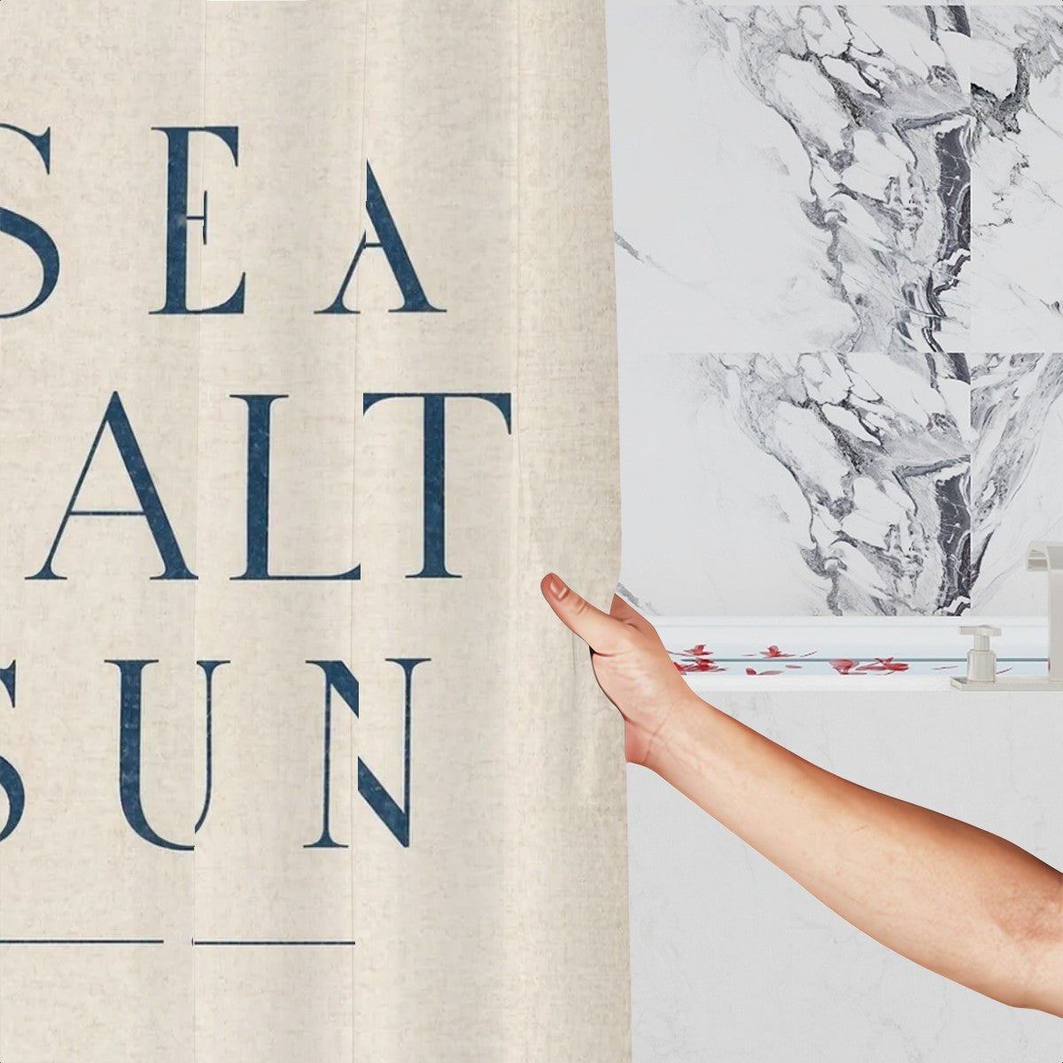 Sandy Beach bathroom decor shower curtain with ocean-inspired design, featuring waves and sandy shore imagery.
