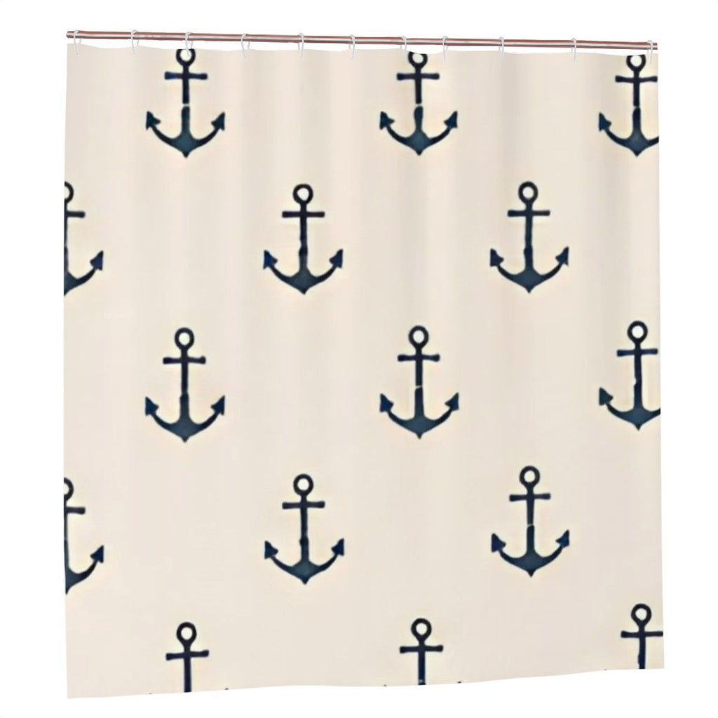 Nautical navy blue anchor pattern shower curtain on a cream background.