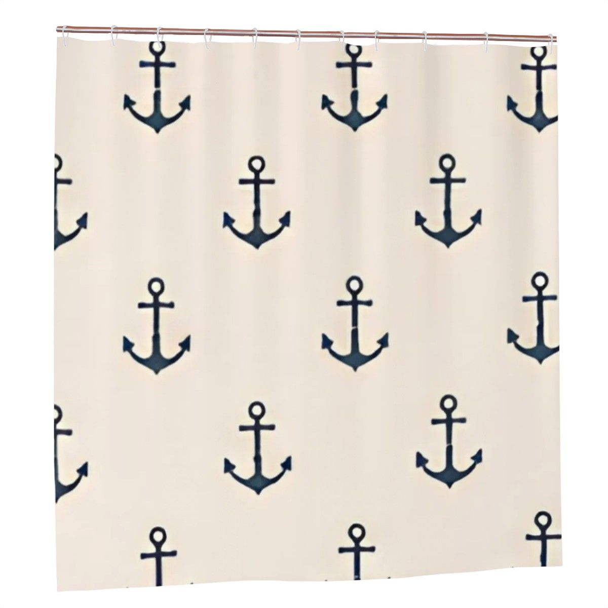 Nautical navy blue anchor pattern shower curtain on a cream background.
