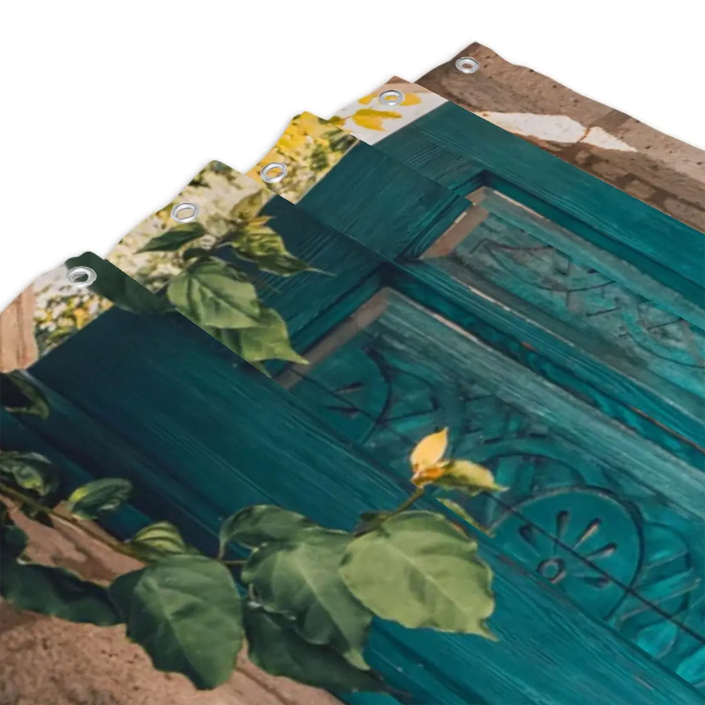 Turquoise carved door shower curtain with intricate patterns, perfect for bathroom decor from Sandy Beach.