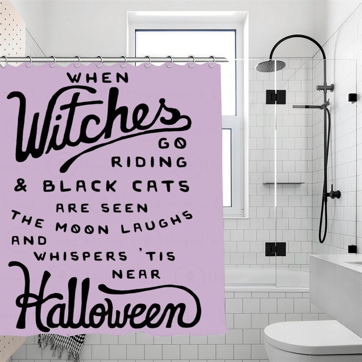 Purple Halloween shower curtain with spooky witch and black cat typography.