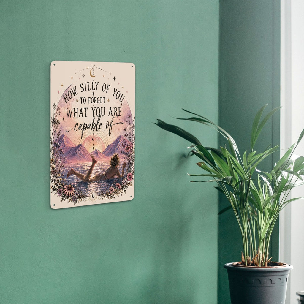 Inspirational metal wall art sign with sunset landscape and motivational quote.