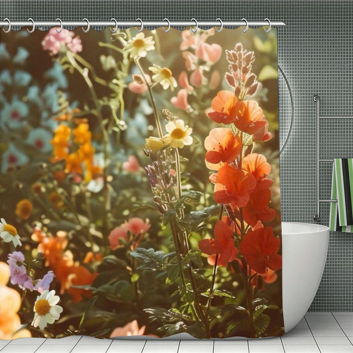 Floral shower curtain featuring vibrant orange, yellow, and pink wildflowers in a garden setting.