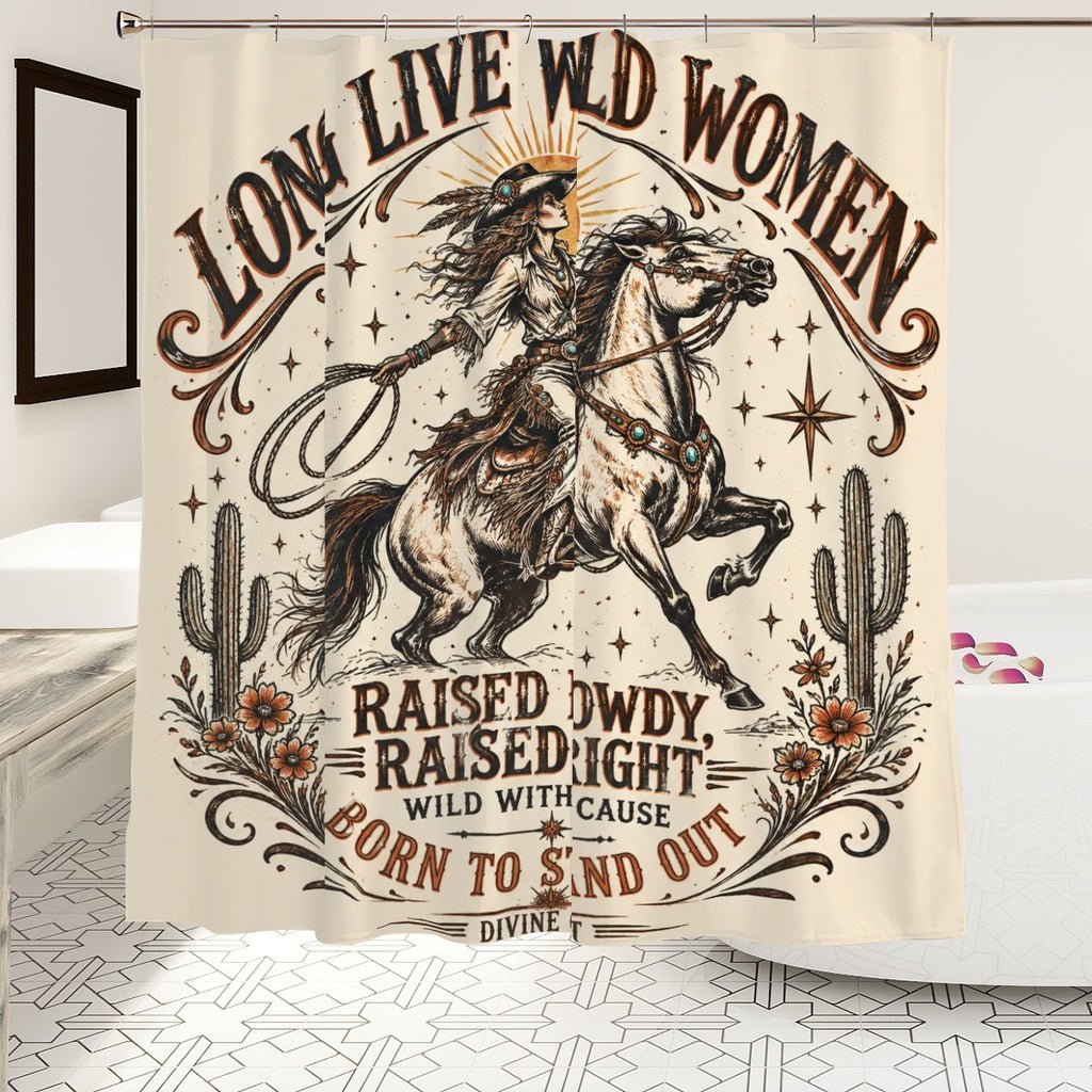 Western style shower curtain featuring a cowgirl riding a horse with desert cactus motifs.