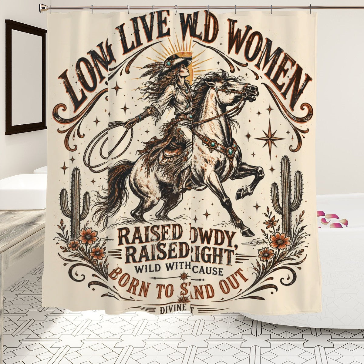 Western style shower curtain featuring a cowgirl riding a horse with desert cactus motifs.