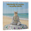 Meditating cat on sandy beach shower curtain, bathroom decor with relaxing beach scene and peaceful feline design.