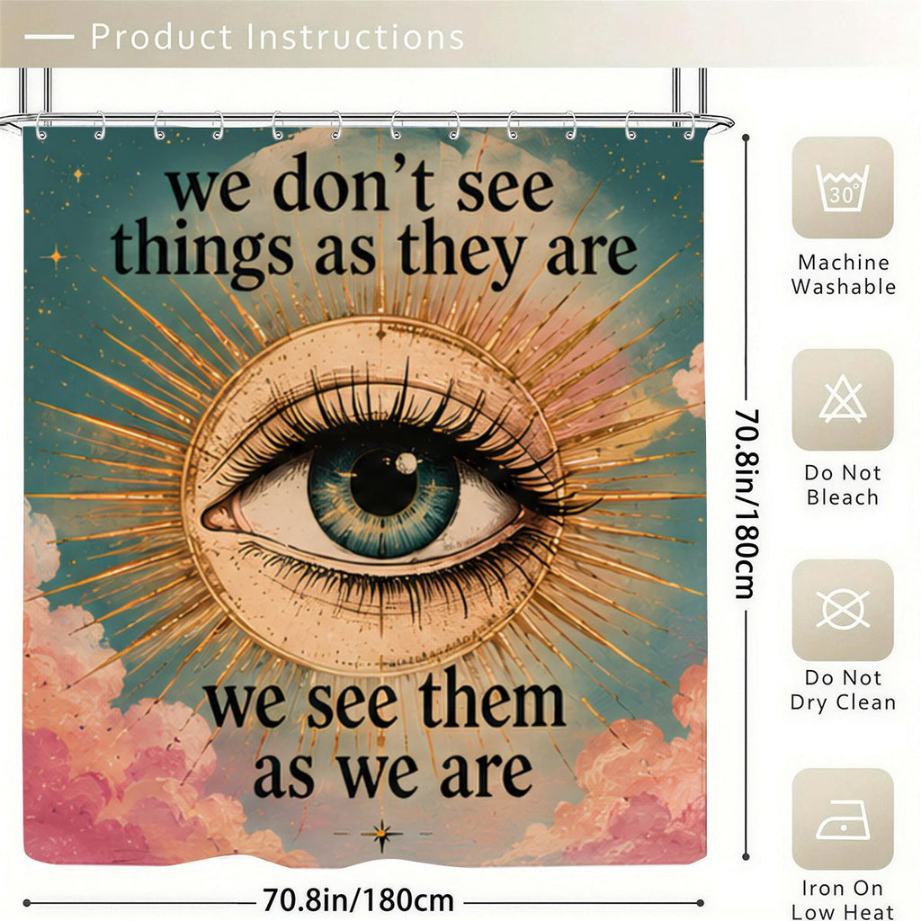 Bohemian shower curtain featuring a mystical eye design with inspirational quote on clouds.