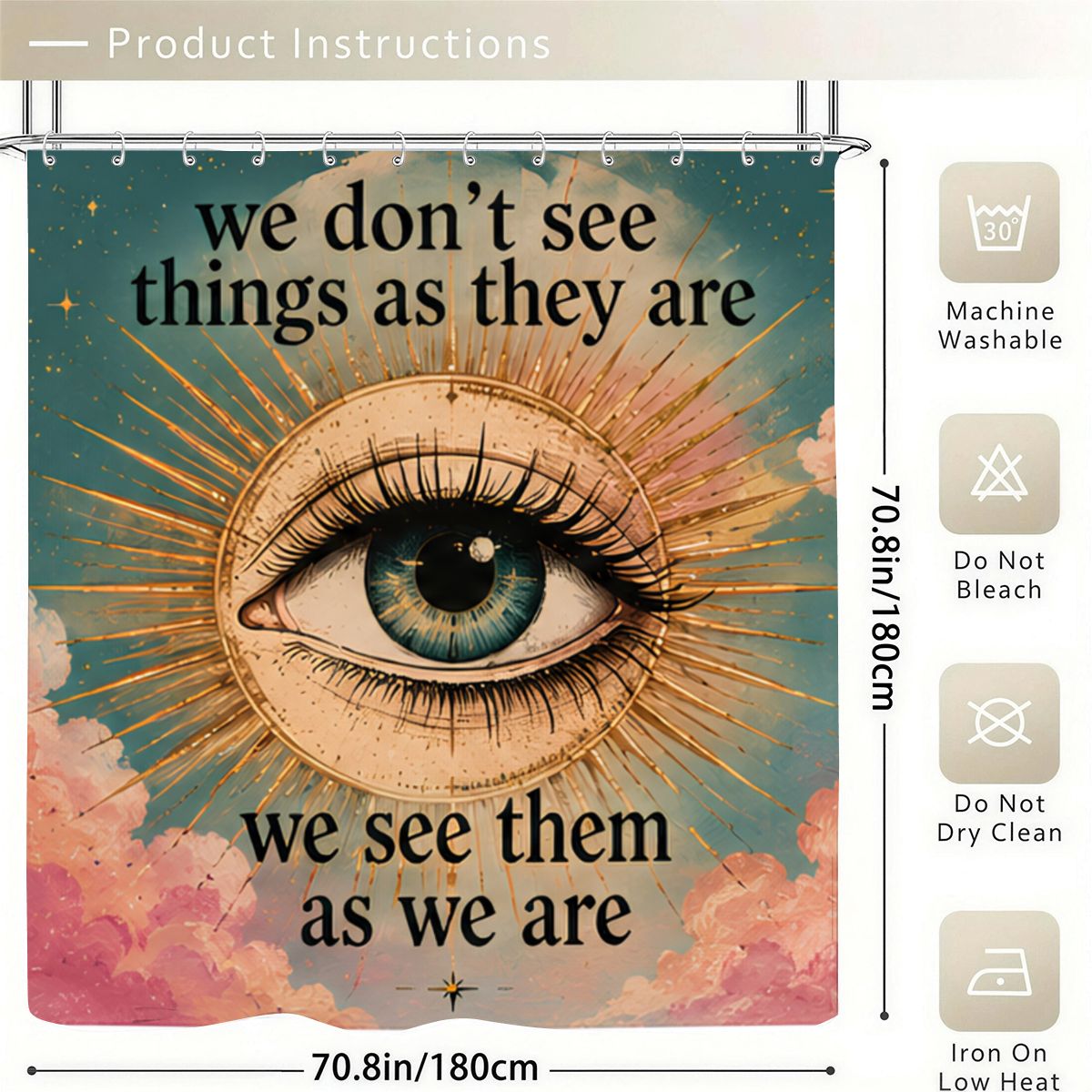 Bohemian shower curtain featuring a mystical eye design with inspirational quote on clouds.