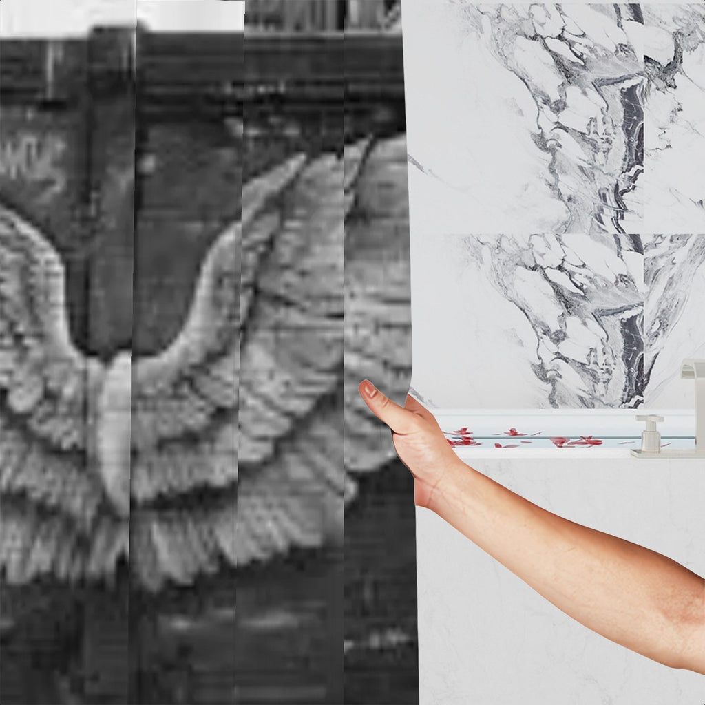 Sandy Beach Wings Mural Shower Curtain with colorful wing design for bathroom decor, showcasing vibrant artwork.