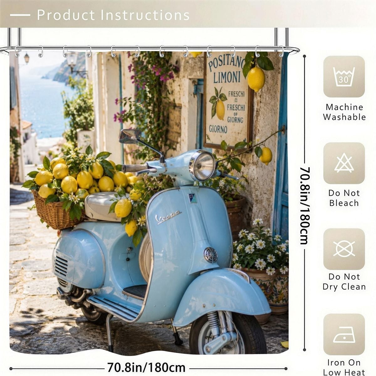 Light blue vintage scooter with a lemon basket in a Mediterranean coastal setting shower curtain.