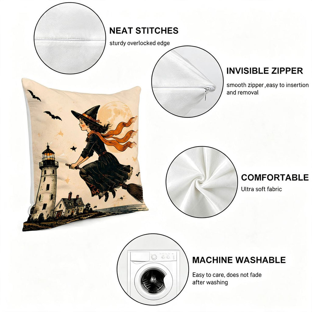 Witch on a broomstick flying past a lighthouse decorative throw pillow with soft fabric.