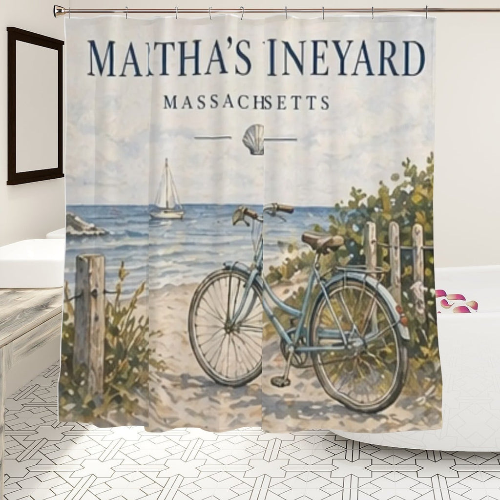 Sandy Beach bathroom decor shower curtain with a coastal beach scene featuring sand, waves, and sky visuals.