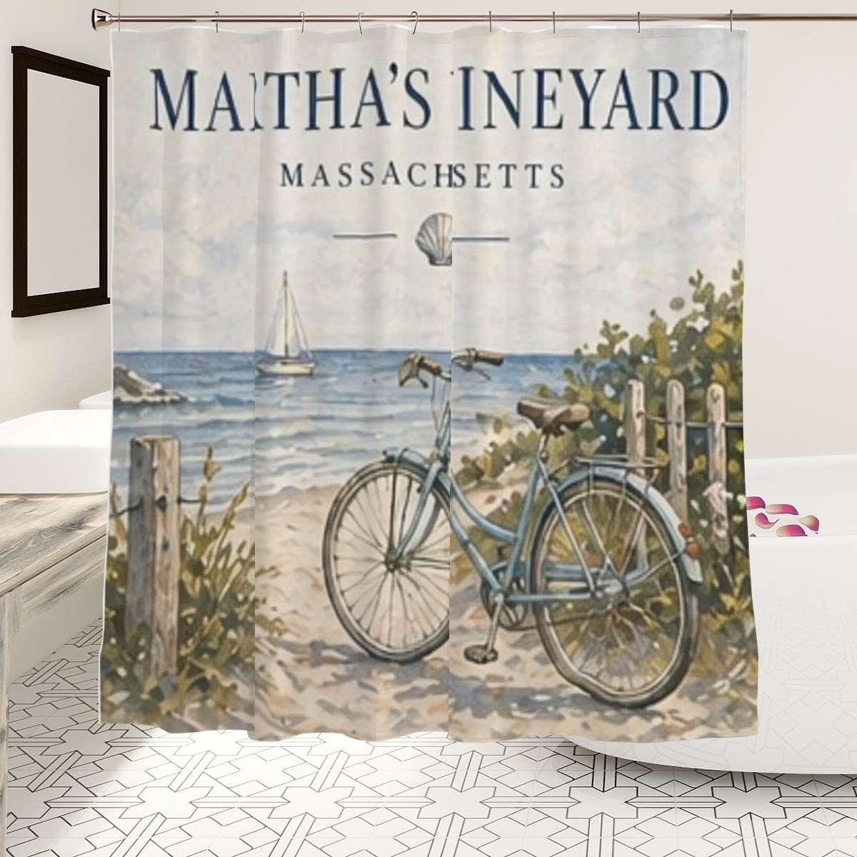 Sandy Beach bathroom decor shower curtain with a coastal beach scene featuring sand, waves, and sky visuals.
