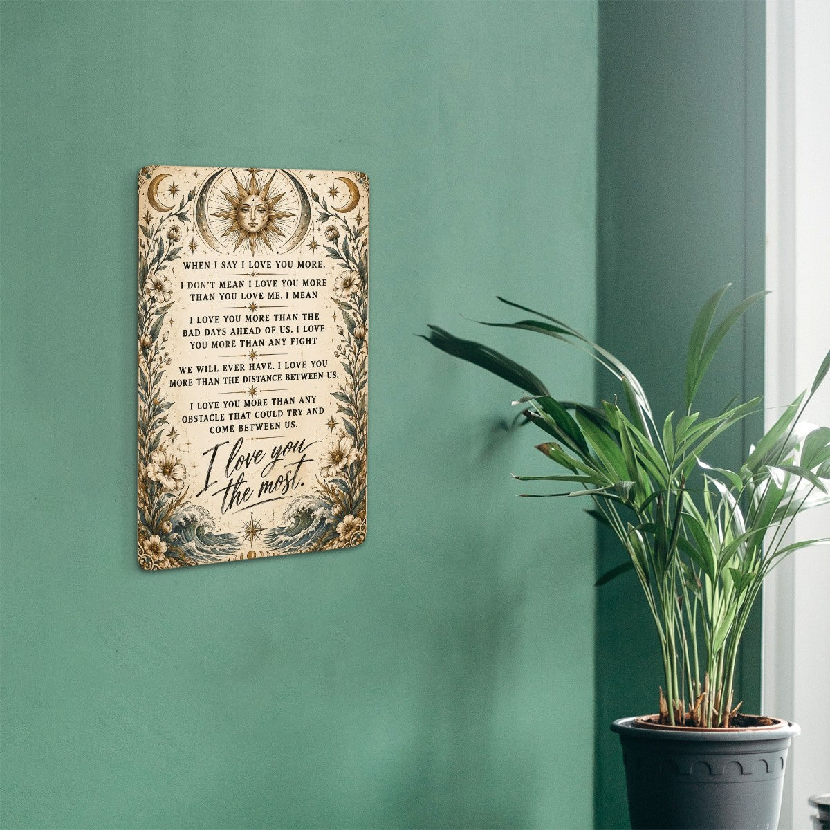 Vintage style inspirational quote wall art with celestial moon and floral design.