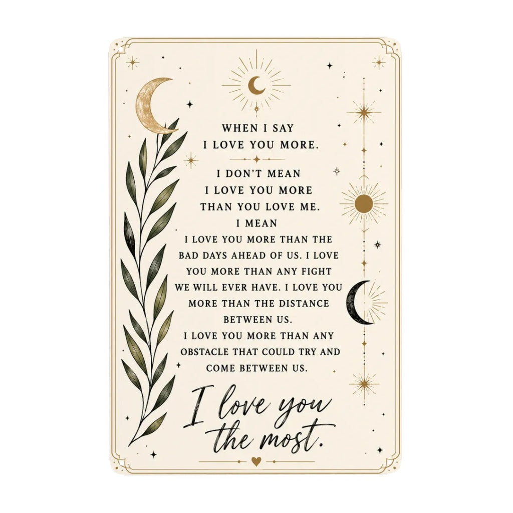 Celestial themed romantic quote print with moon, stars, and botanical leaf illustrations.