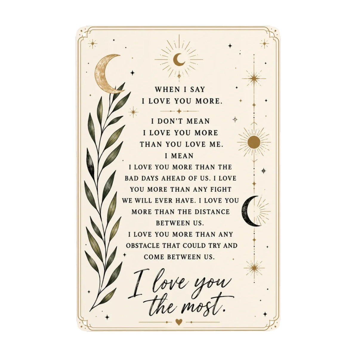 Celestial themed romantic quote print with moon, stars, and botanical leaf illustrations.