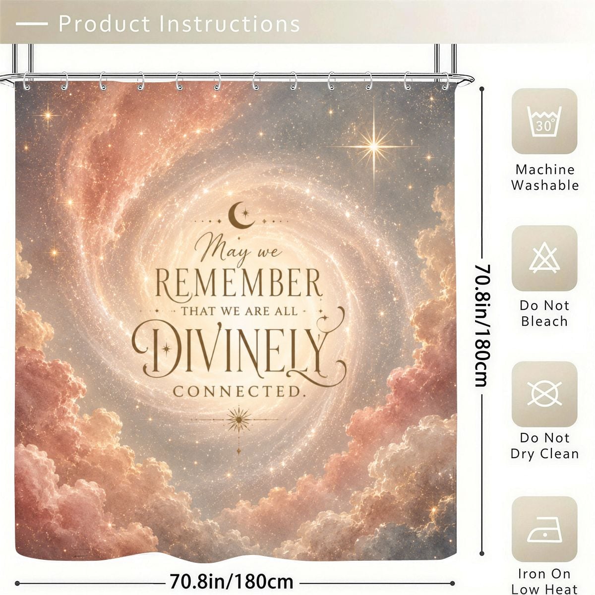 Celestial shower curtain with galaxy clouds and divine connection quote.