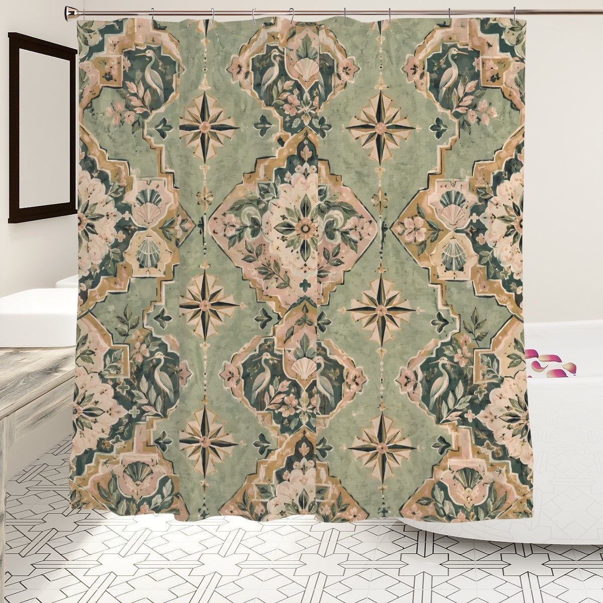 Vintage Chinoiserie Medallion Shower Curtain - 72" x 72" Sage Green