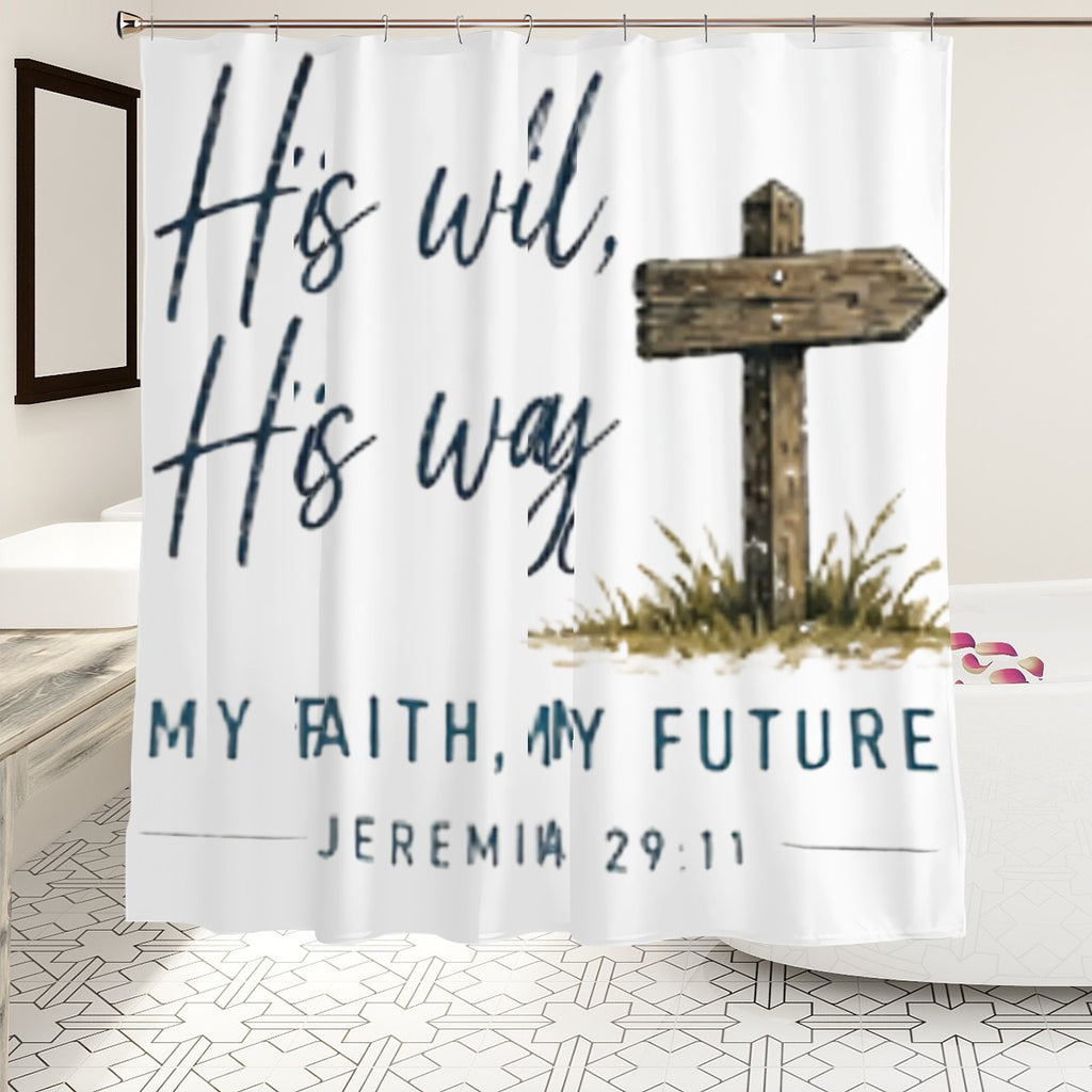 Sandy Beach bathroom decor shower curtain with ocean-inspired design hanging in a modern bathroom