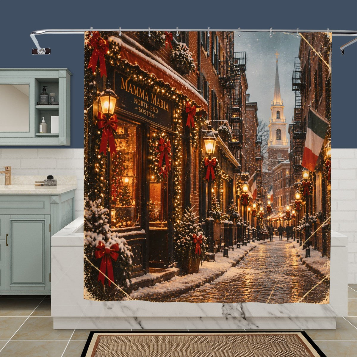 Boston North End Christmas Shower Curtain | Snowy Holiday Street